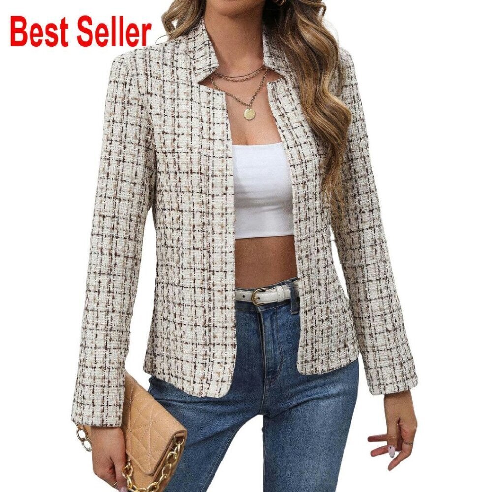 Slim Plaid Tweed Blazer Elegant Open Front Business Work Jacket Classic Chic